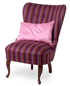 Emma armchair in fabric from Sonia Rykiel, St. Germain des Pres, color 02 Bonbon. Legs in Wood, Color Dark brown. Here with back cushion 50x33 in pink silk.